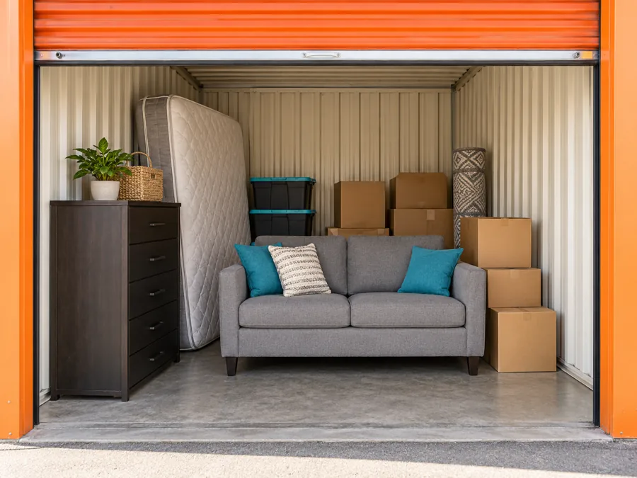 Illustration: Loveseat, dresser, upright mattress and boxes in a storage space